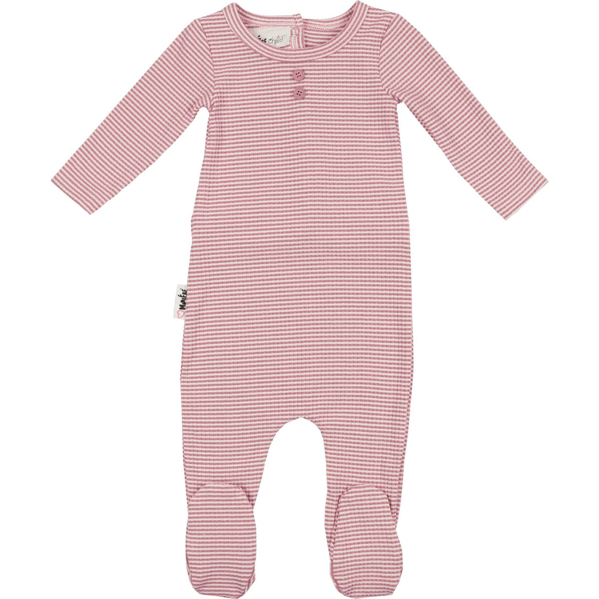 Button Striped Footie, Mauve - Footie Pajamas - 1