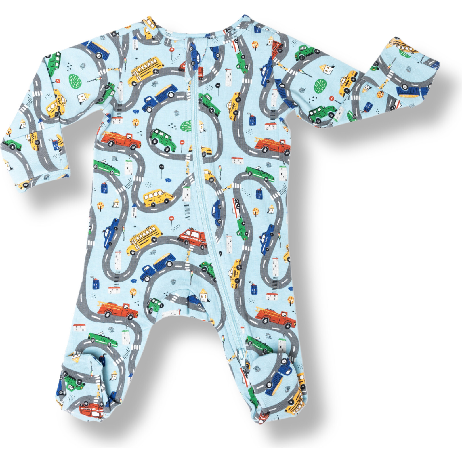 Print Zipped Long Sleeve Footed Onesie, Cars - Onesies - 1