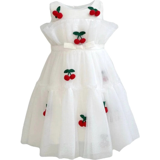 Cherry Pompom Sleeveless Tulle Dress, White