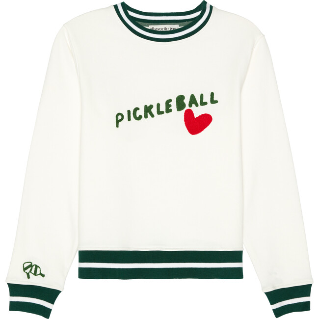 Women's Pickleball Heart Crew Neck Ribbed Cuff Sweatshirt, Cream