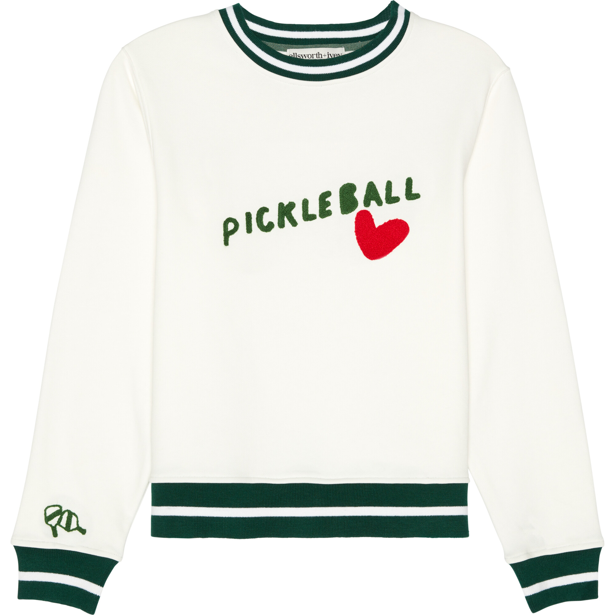 Women's Pickleball Heart Crew Neck Ribbed Cuff Sweatshirt, Cream - Sweaters - 1