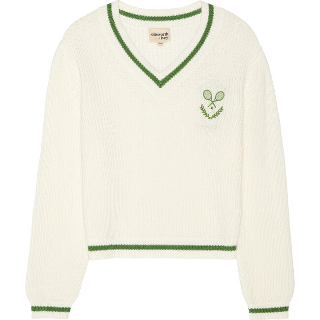 Women's Varsity Tennis Racquets Ribbed Cuff V-Neck Sweater, Ivory