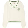 Women's Varsity Tennis Racquets Ribbed Cuff V-Neck Sweater, Ivory - Sweaters - 1 - thumbnail