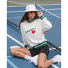 Women's Pickleball Heart Crew Neck Ribbed Cuff Sweatshirt, Cream - Sweaters - 2