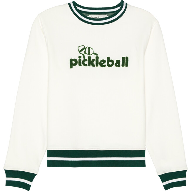 Women's Retro Pickleball Crew Neck Ribbed Cuff Sweatshirt, Cream
