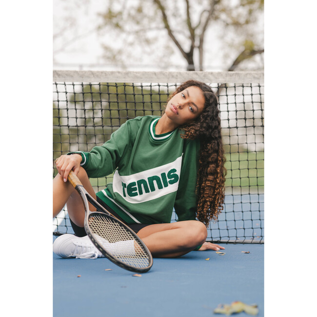 Women's Retro Block Tennis Crew Neck Ribbed Cuff Sweatshirt, Green - Sweaters - 2