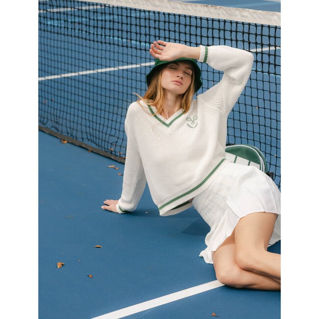 Women's Varsity Tennis Racquets Ribbed Cuff V-Neck Sweater, Ivory - Sweaters - 3