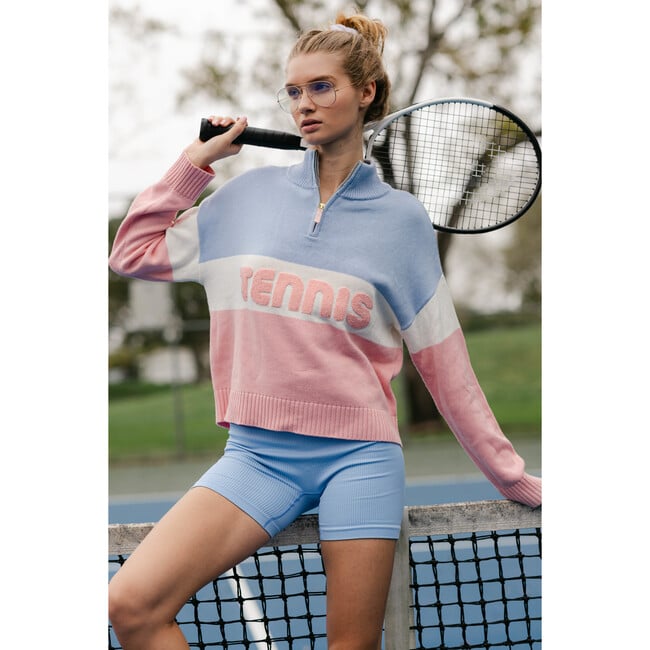 Women's Tennis Colorblocked Quarter Zip Cropped Sweater, Blue - Sweaters - 2