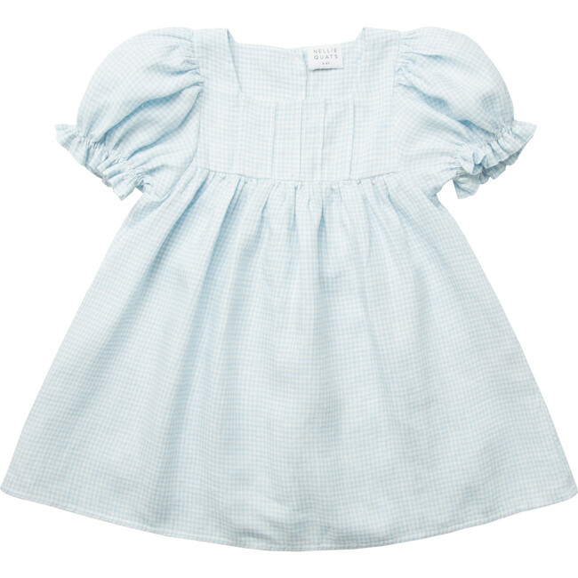 Skipping Mini Check Linen Dress, Baby Blue & Milk