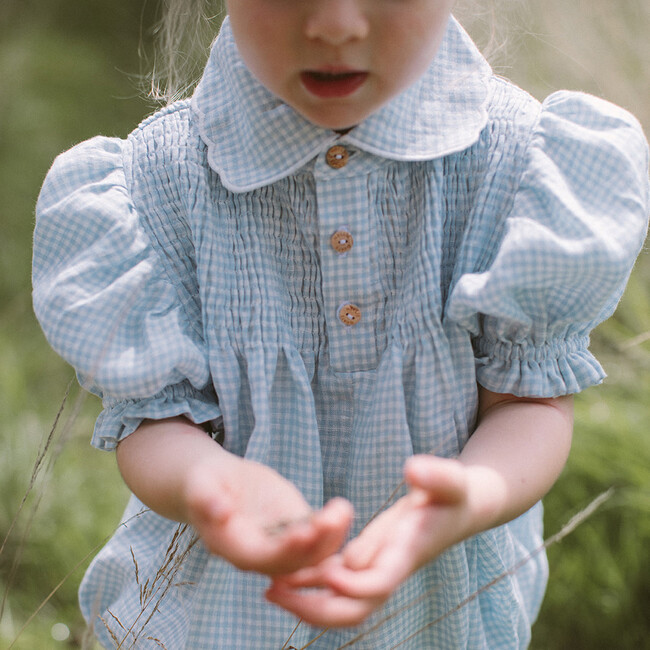 Marco Polo Mini Check Linen Romper, Baby Blue & Milk - Rompers - 5