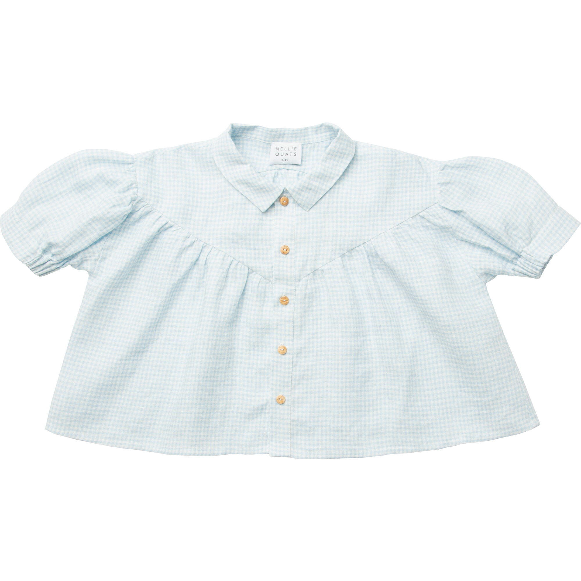 Duck Duck Goose Mini Check Linen Blouse, Baby Blue & Milk - Blouses - 1