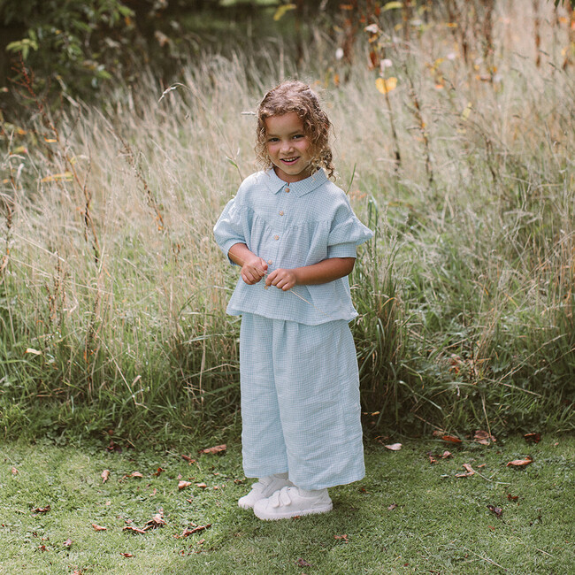 Duck Duck Goose Mini Check Linen Blouse, Baby Blue & Milk - Blouses - 2