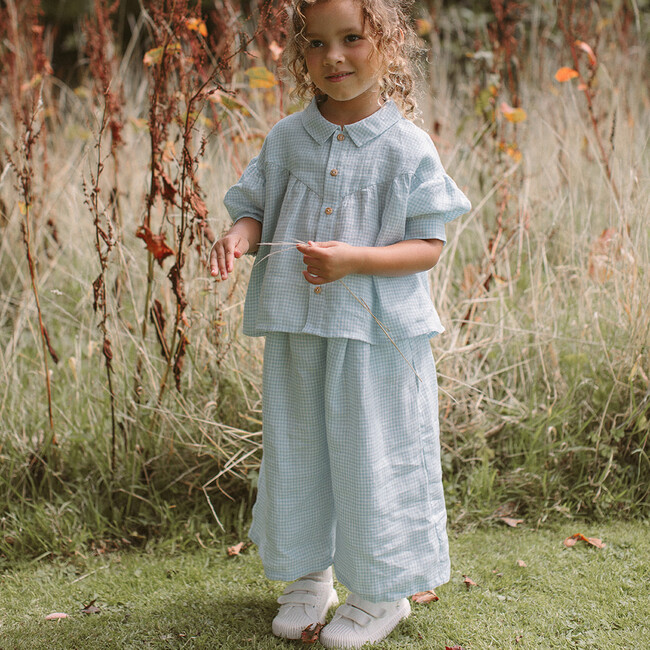 Duck Duck Goose Mini Check Linen Blouse, Baby Blue & Milk - Blouses - 5