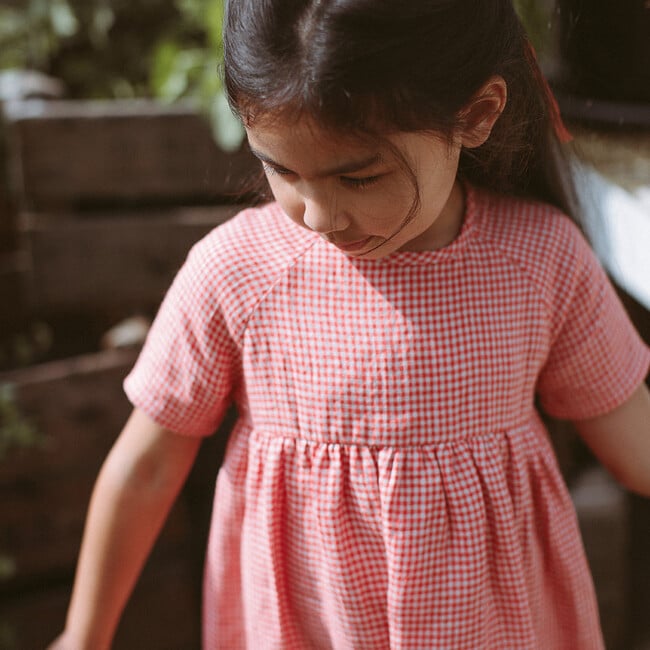 Hopscotch Mini Check Linen Dress, Strawberry & Oat - Dresses - 4