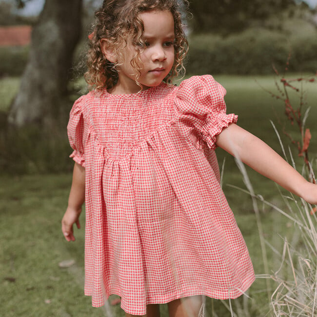 Draughts Mini Check Linen Dress, Strawberry & Oat - Dresses - 4