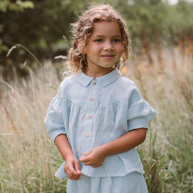 Duck Duck Goose Mini Check Linen Blouse, Baby Blue & Milk - Blouses - 6