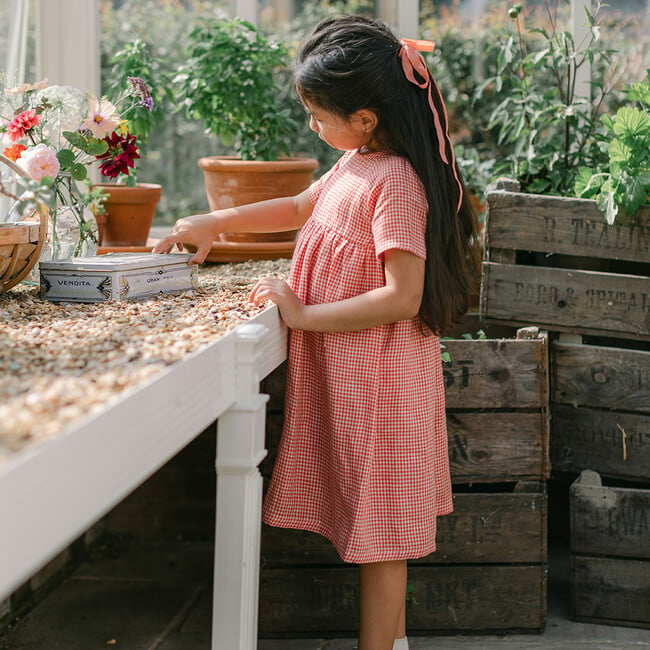 Hopscotch Mini Check Linen Dress, Strawberry & Oat - Dresses - 6