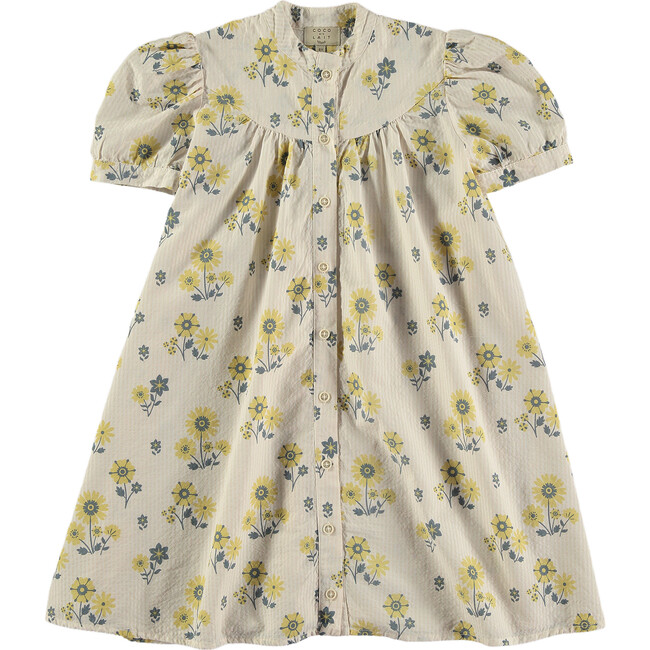 Floral Stripes Round Yoke Bow Puff Sleeve Dress, Off-White & Yellow