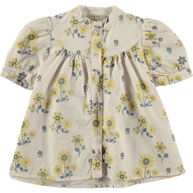 Baby Floral Stripes Round Yoke Bow Puff Sleeve Dress, Off-White & Yellow