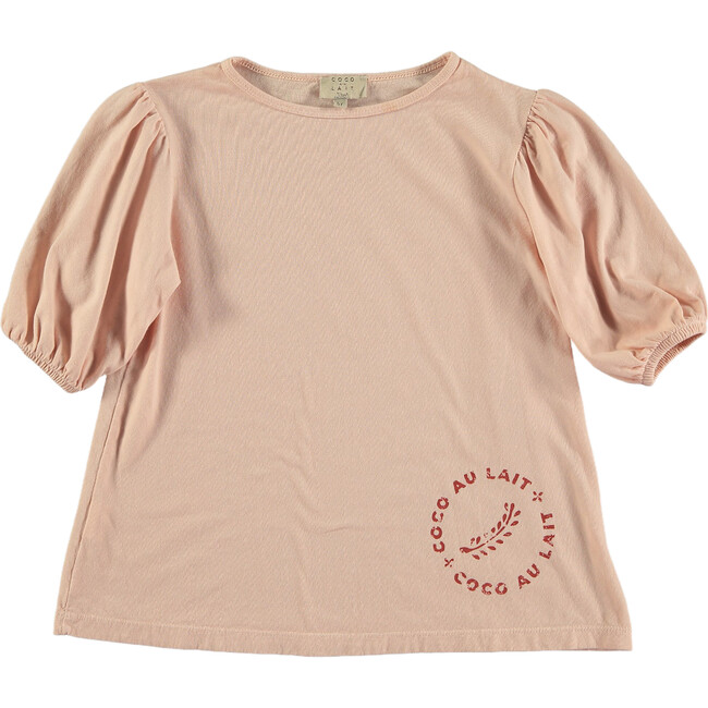 Patch Round Neck Balloon Sleeve Jersey Blouse, Pink