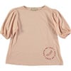 Patch Round Neck Balloon Sleeve Jersey Blouse, Pink - Blouses - 1 - thumbnail