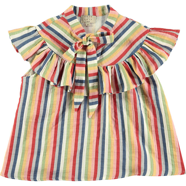 Stripes Double Gauze Collared Ruffle Sleeve Top, Multicolors