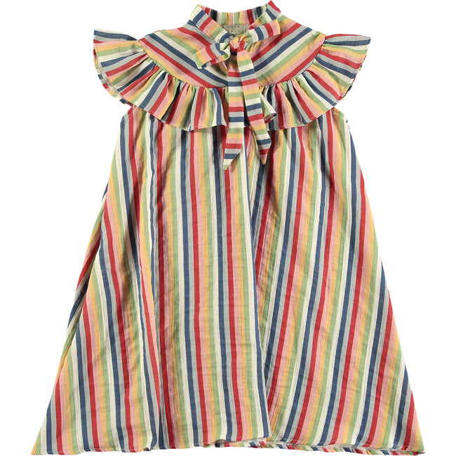 Stripes Double Gauze Tie Collar Ruffle Shoulder Dress, Multicolors