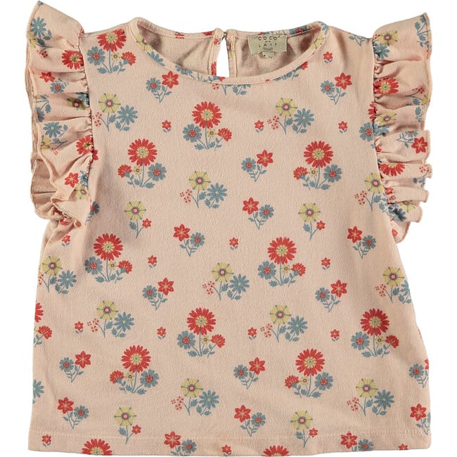 Flora Print Round Neck Ruffle Sleeve Top, Pink - Blouses - 2