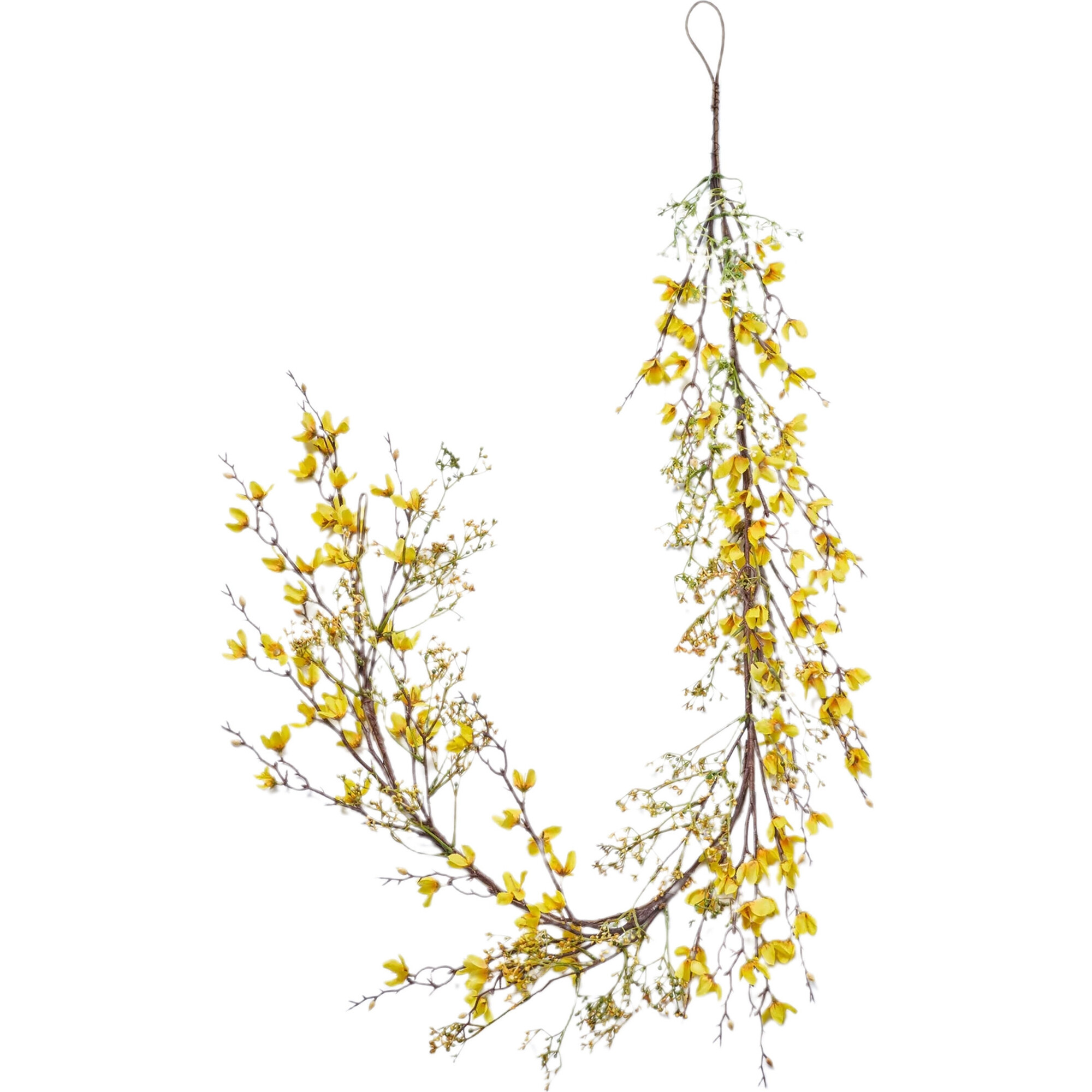 Yellow Forsythia Blossom & Faux Berry Twig Mantle Garland - Garlands - 1