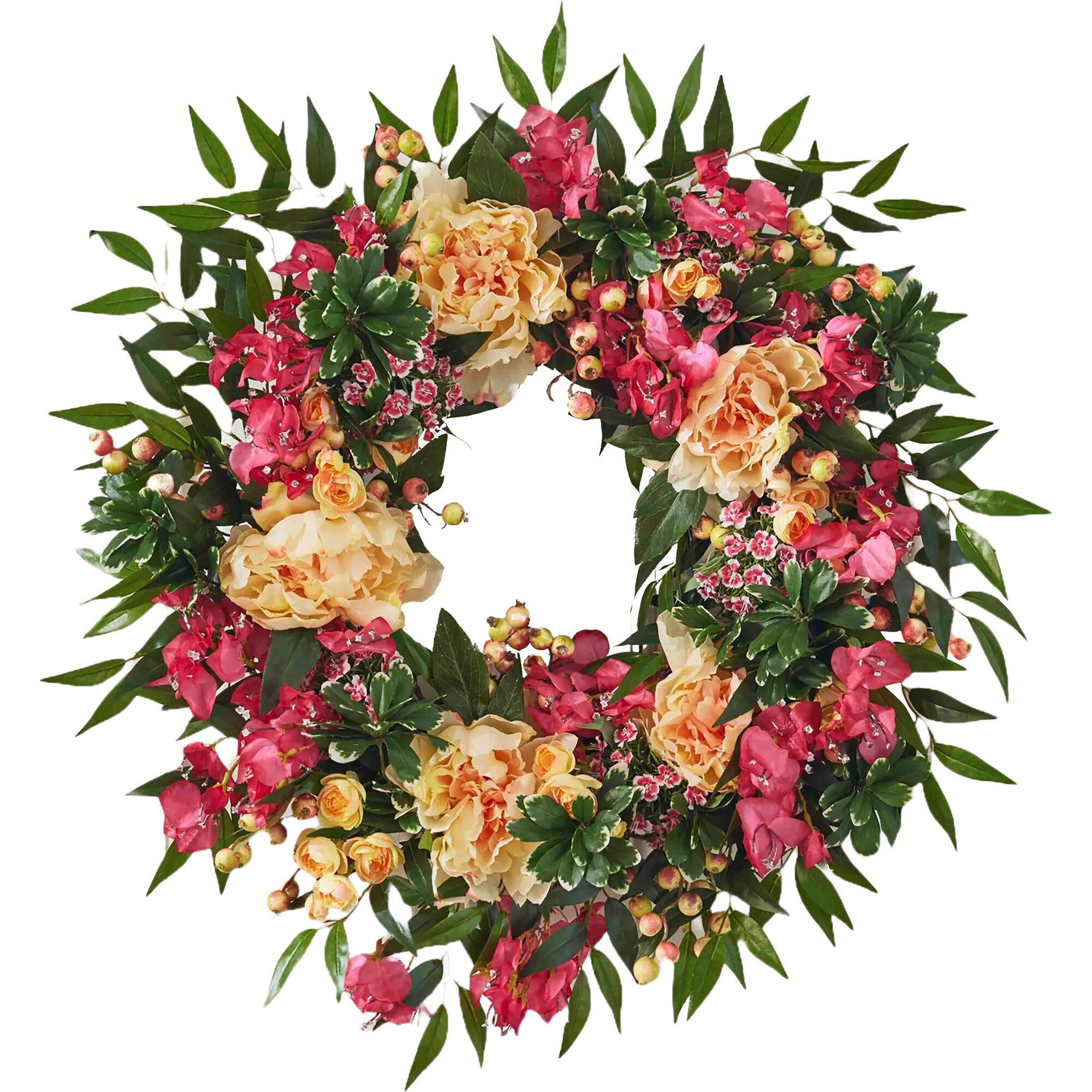 Tropical Pink Bougainvillea & Peach Peony Wreath - Wreaths - 1