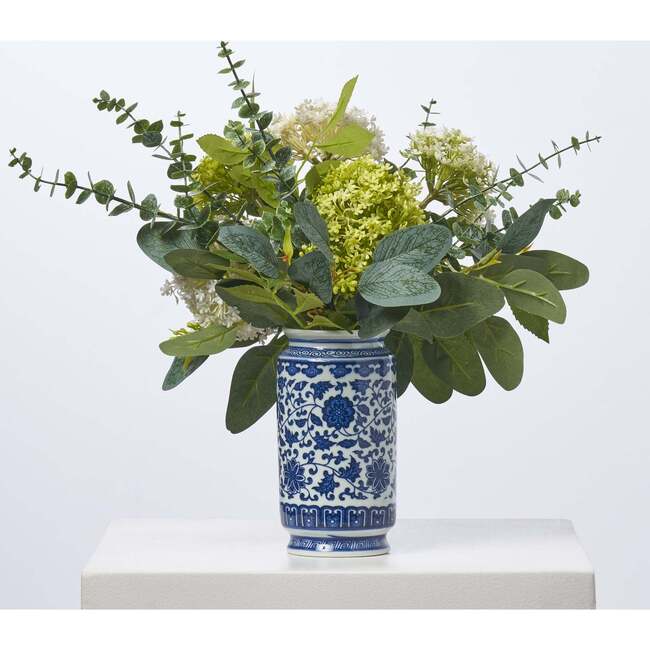 Mini Green & White Snowball with Eucalyptus Chinoiserie Vase - Bouquets - 3