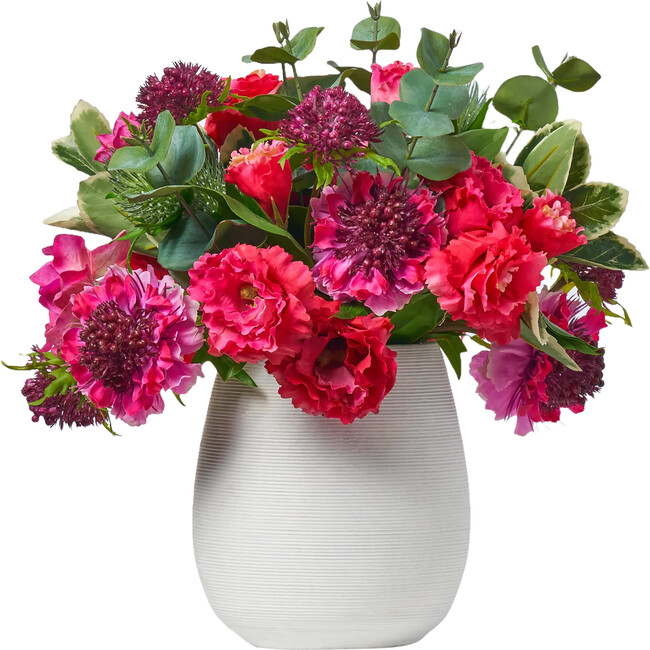 Fuchsia Scabiosa, Lisianthus & Thistle Bouquet in Horizontal Groove Cement Vase