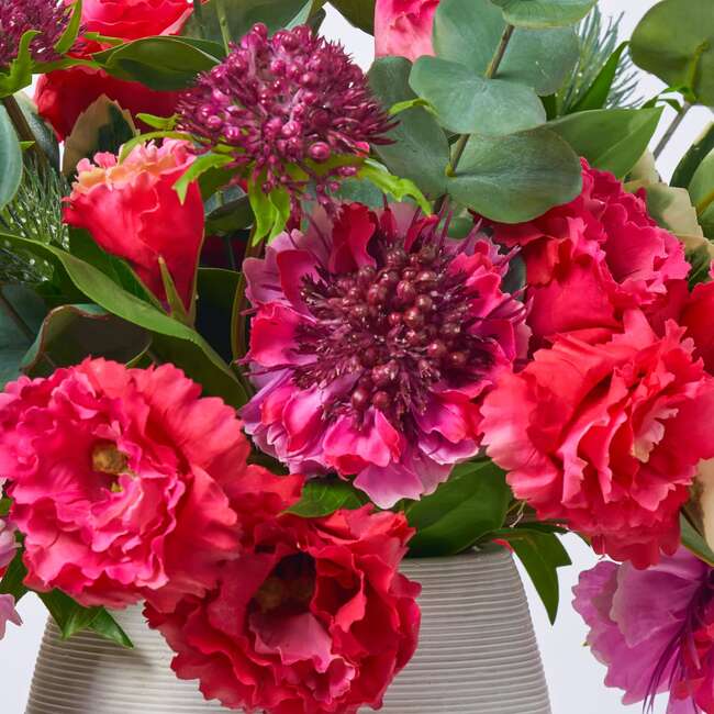 Fuchsia Scabiosa, Lisianthus & Thistle Bouquet in Horizontal Groove Cement Vase - Bouquets - 2