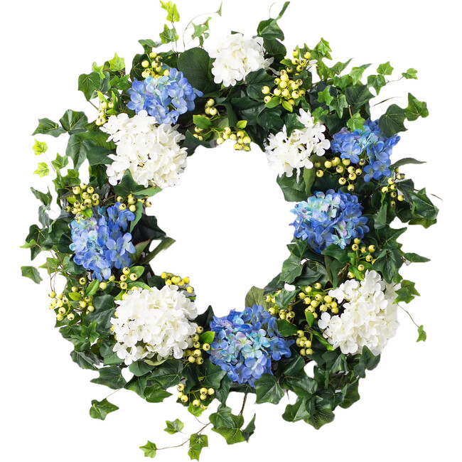 Blue & White Hydrangea, English Ivy & Berry Wreath