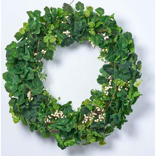 Everyday Mixed Greenery Geranium, Clover & White Berry Wreath - Wreaths - 4