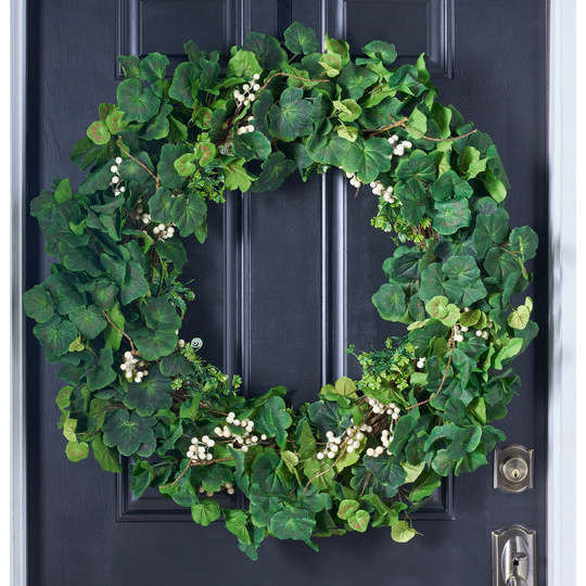 Everyday Mixed Greenery Geranium, Clover & White Berry Wreath - Wreaths - 6