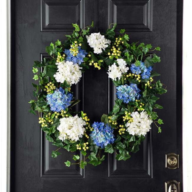 Blue & White Hydrangea, English Ivy & Berry Wreath - Wreaths - 4