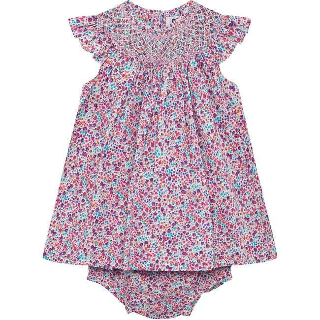 Hand-Smocked Baby Dress Poppy pink and purple ditsy floral