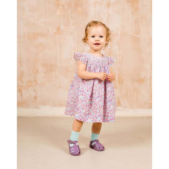 Hand-Smocked Baby Dress Poppy pink and purple ditsy floral - Dresses - 2