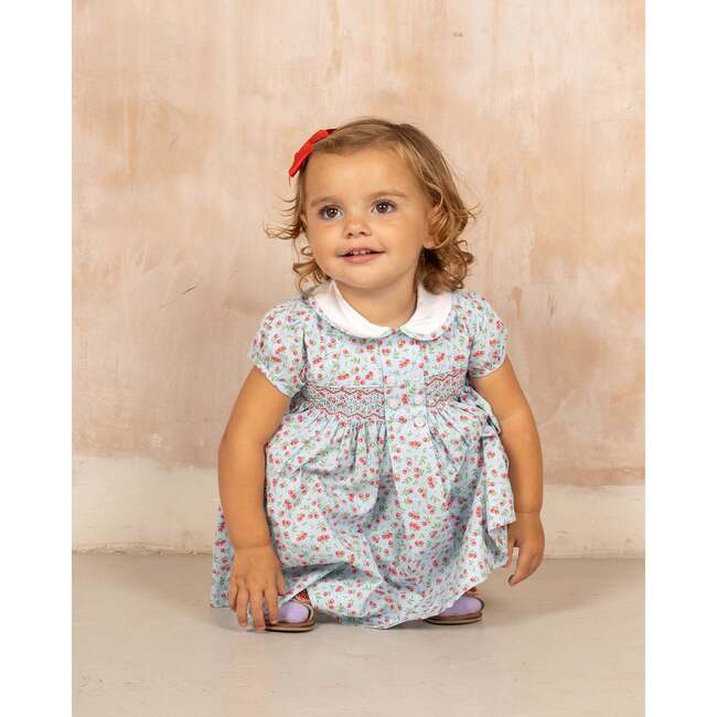 Hand-Smocked Baby Dress Peyson, baby blue cherry - Dresses - 2