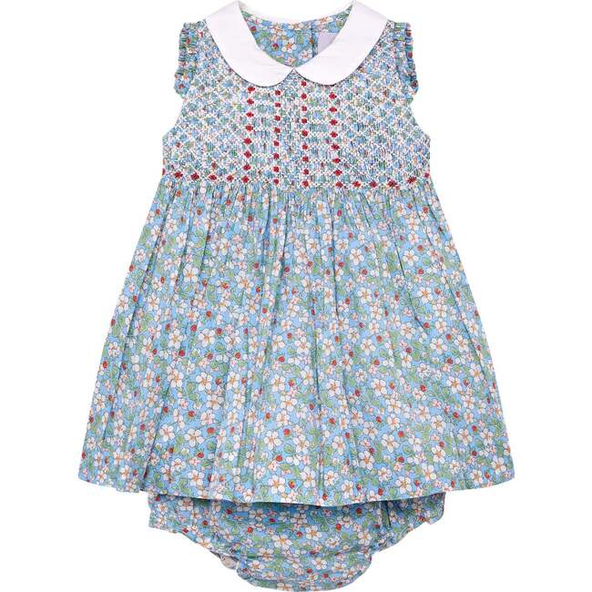 Hand-Smocked Baby Dress Blossom, pale blue and white