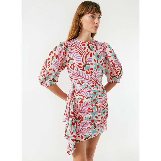 Women's Pia Print Billow Sleeve Ruched Bottom Mini Dress, Lago Vine