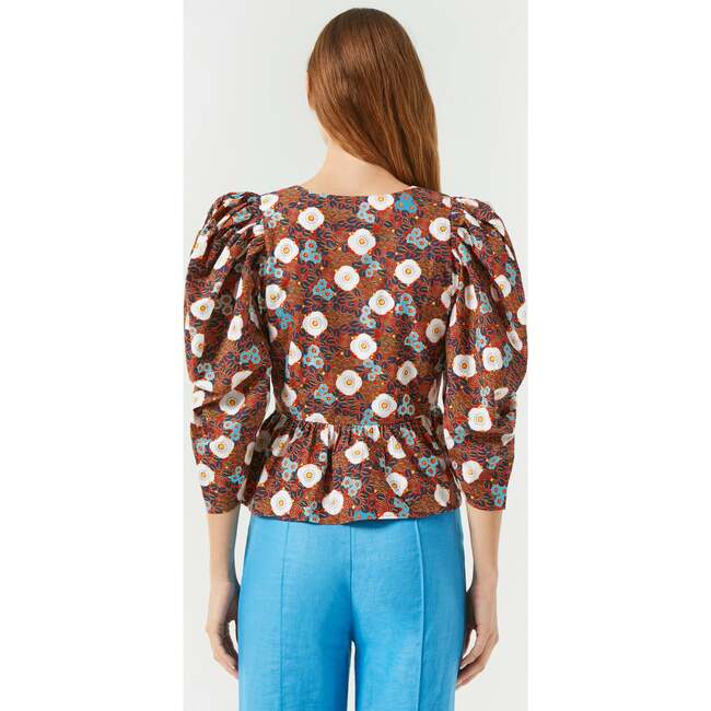 Women's Alma Mini Print Deep V-Neck Peplum Top, Scarlet Aura Blossom - Blouses - 3