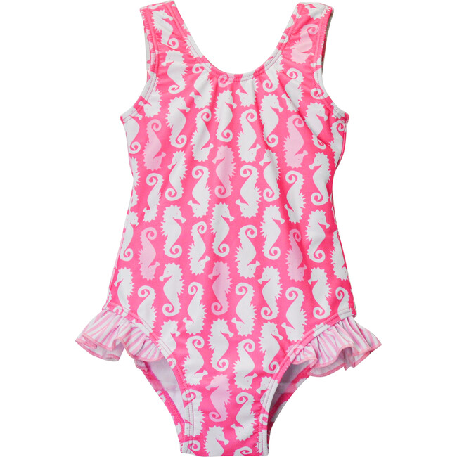 UPF 50 Delaney Hip Ruffle Swimsuit, Happy Pink Seahorses