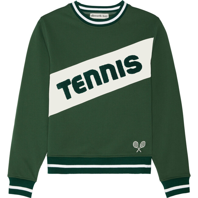 Women's Retro Block Tennis Crew Neck Ribbed Cuff Sweatshirt, Green