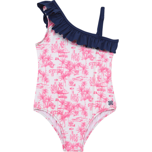 Girls Flores One-Piece Swimsuit, Pink Toile De Jouy Balinaise