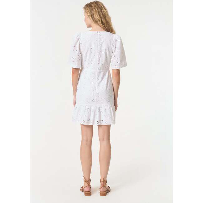 Women's Mariana Eyelet Deep V-Neck Ruffle Hem Mini Dress, White Chelsea - Dresses - 3