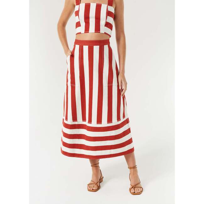 Women's Nadine Twill Cabana Stripe A-Line Midi Skirt, Brick - Skirts - 4