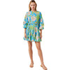 Women's Ella Floral Print Long Sleeve Braided Belt Short Dress, Blue Psychedelic Flower Grande - Dresses - 1 - thumbnail