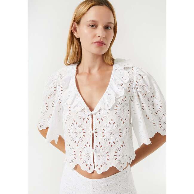 Women's Dora Ruffle V-Neck Lace Eyelet Blouse, White Chelsea - Blouses - 2
